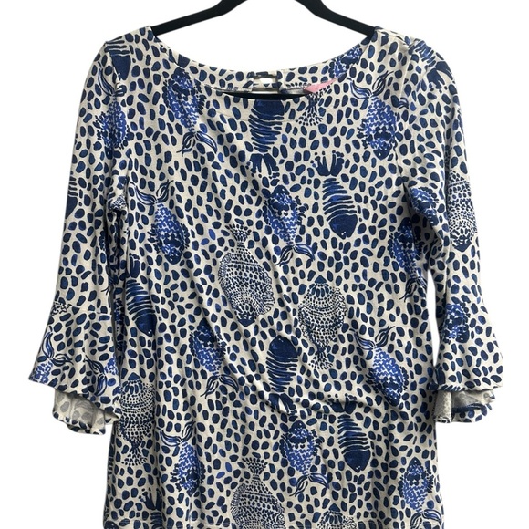 LILLY PULITZER WOMEN’S TOP SIZE SMALL BLUE WHITE PRINT 3/4 SLEEVE BLOUSE - Picture 2 of 7